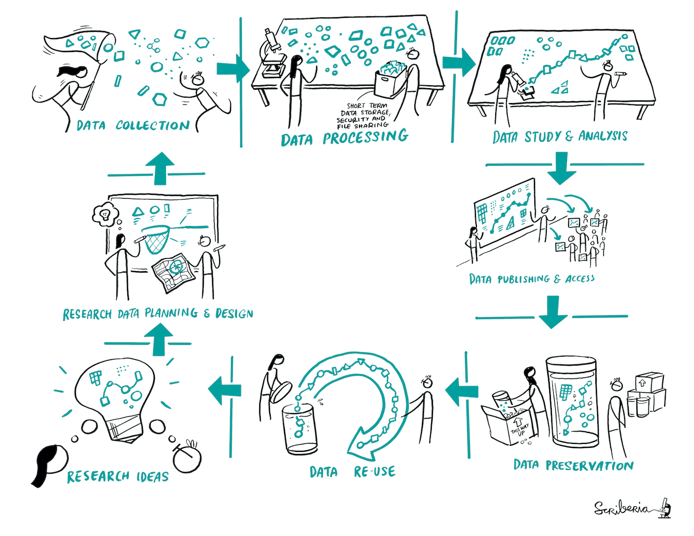 Cycle de découvertes en recherche. Figure par scriberia dans le cadre du livre The Turing way sous licence CC-BY 4.0, DOI: 10.5281/zenodo.3332807.